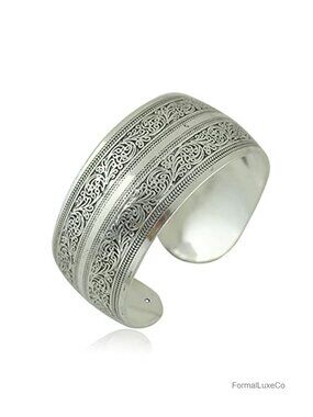 Tibetan Silver Carved Spiral Flower Connecting Branches Cuff Bracelet Bangle
